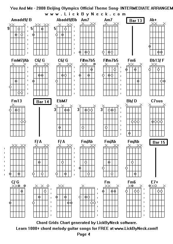 Chord Grids Chart of chord melody fingerstyle guitar song-You And Me - 2008 Beijing Olympics Official Theme Song- INTERMEDIATE ARRANGEMENT,generated by LickByNeck software.